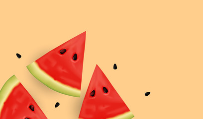 Realistic Fresh Water Melon Slices and seeds on pastel background. Summer fruits background design in EPS10 vector illustration. 