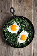 Skillet Poached Eggs with Spinach. Overhead view