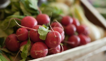 radish in wicker baskets on the counter of market