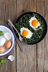 Skillet Poached Eggs with Spinach. Overhead view