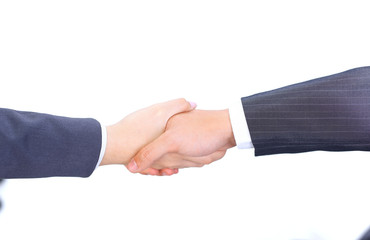 closeup of a business handshake men and business women.