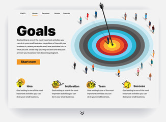 Website providing the service of goals. Concept of a landing page for goals. Vector website template with 3d isometric illustration of a people and target with arrow. Business idea, motivation, team