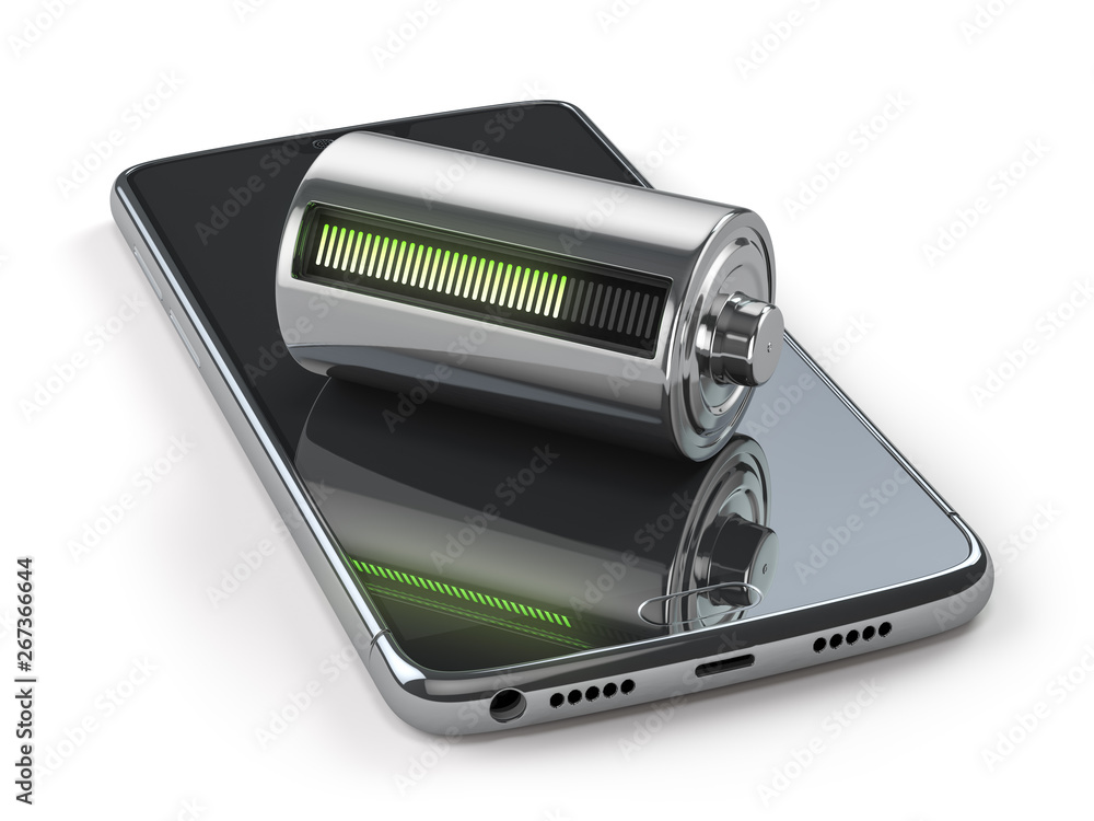 Poster charging of a mobile phone battery concept. smartphone and battery charge indicator isolated on whit