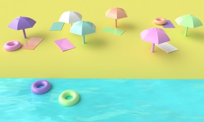 Beach with umbrellas and swimming bright circles. 3d rendering