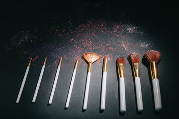Set of professional makeup brushes on black background