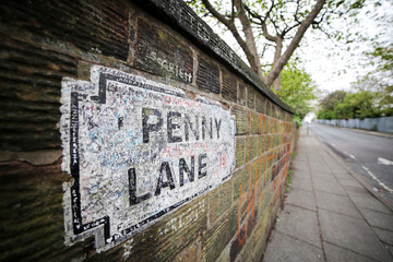 Penny Lane Street in Liverpool. Penny Lane road sign made famous by the Beatles song. A popular tourist destination in United Kingdom - obrazy, fototapety, plakaty