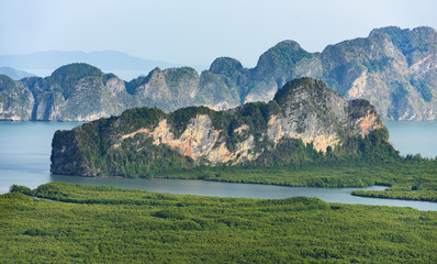 View from above, stunning aerial view of the beautiful Phang Nga Bay (Ao Phang Nga National Park)...