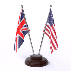 UK and USA, two table flags isolated on white background. 3d image