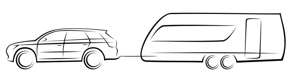 Obraz na płótnie Canvas Vector illustration of a modern SUV car towing an aerodynamic trailer for camping