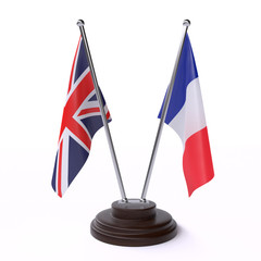 UK and France, two table flags isolated on white background. 3d image