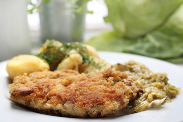 Traditional  Polish cuisine, pork chop with potatoes and fried cabbage.