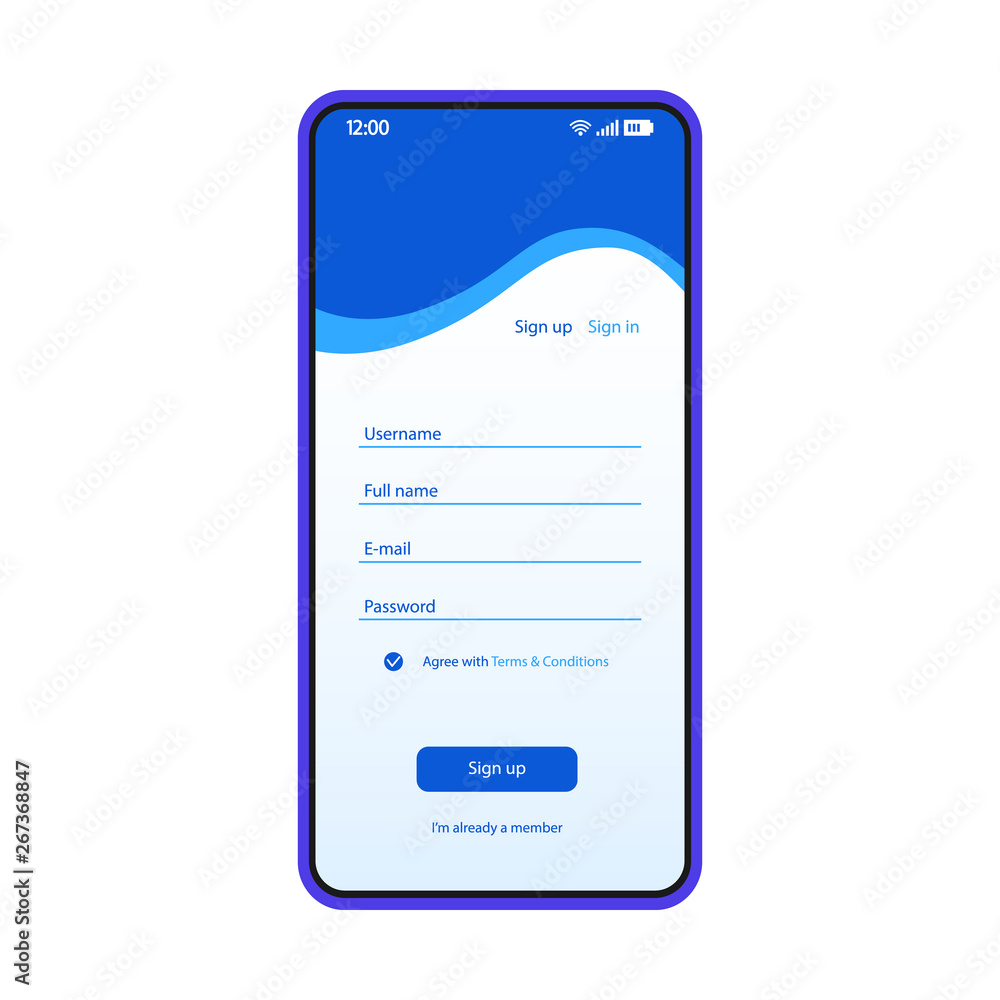 Poster sign up form smartphone interface vector template
