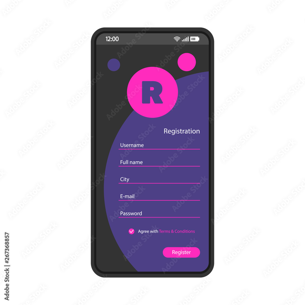 Poster register form smartphone interface vector template