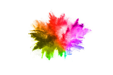 Multicolor powder explosion on White background. Colored cloud. Colorful dust explode. Paint Holi.