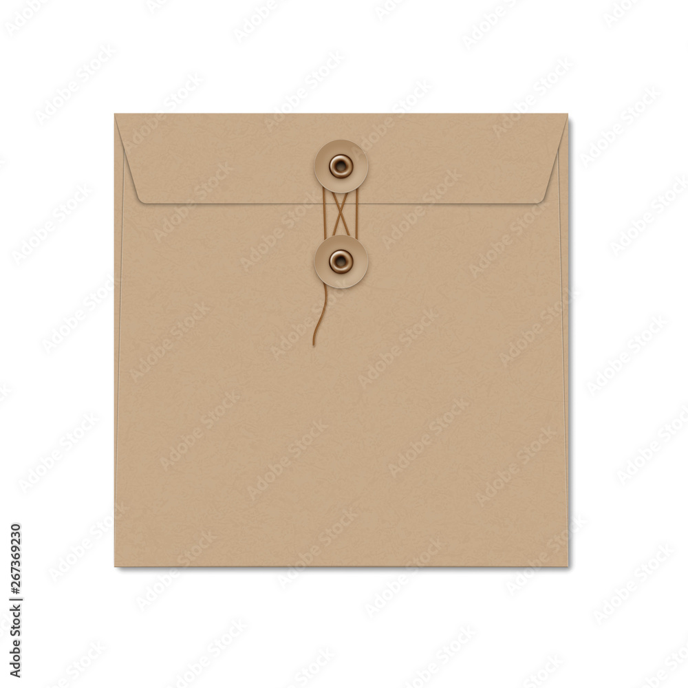 Wall mural kraft paper square string tie envelope on white.