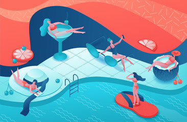 Pool party isometric 3d illustration with cartoon people in swimsuit, drinking cocktail, relax, recreation spa concept, watermelon, orange, event background, leisure time