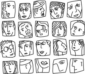 People abstract faces avatars characters black and white icons set