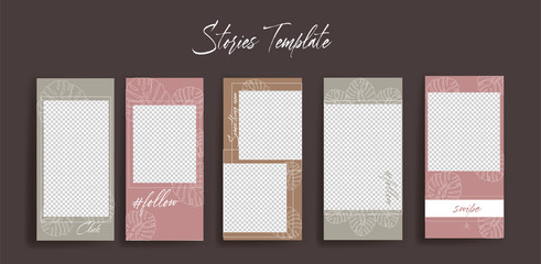 Instagram stories frame templates. Vector background. Mockup for social media banner. Layout pastel palm tree design.