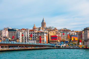 Fototapeta premium Galata Tower in istanbul City of Turkey. View of the Istanbul City of Turkey with bosphorus, seagulls and boats.