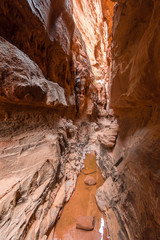 Siq al Khazali canyon with water pools, Wadi Rum desert, Middle East, Jordan