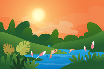 Obraz premium Spring and summer background with copy space for text, Landscape with plants, leaves, flowers on gradient background for banner, greeting card, poster etc. Creative design in EPS10 vector illustration