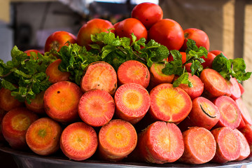 Fresh carrots along with mint leaves and tomatoes, health, juice - Image