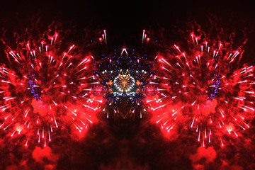 An outbreak of bright red and blue lights of fireworks. Halloween, Christmas, Independence Day, New...