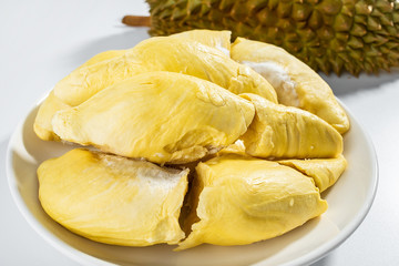 A dish of fresh ripe yellow delicious durian flesh