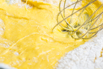 Beat the batter with a mixer, spray and flour fly