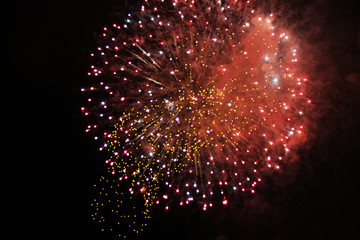 . Beautiful bouquet-inflorescence of bright yellow and red brilliant lights of fireworks. during...