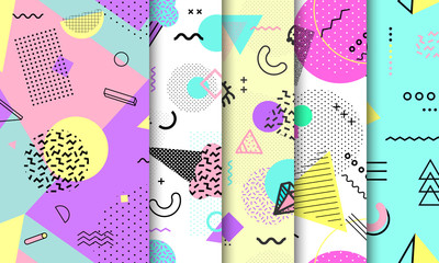 Memphis seamless pattern collection. Geometric seamless pattern different shapes fashion 80's-90's style. Set of pastel Memphis background. Abstract vector illustration in minimal design. - obrazy, fototapety, plakaty