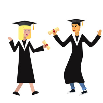girl and boy students in academic gown and cap received a diploma and rejoices Vector flat illustration
