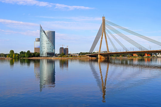 Skyline view of left bank, Kipsala island, and Vansu bridge, Riga, Latvia