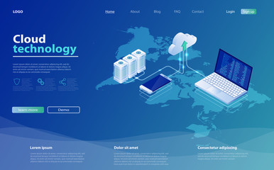 Concepts Cloud storage. Online computing technology. 3d servers and data center connection network.