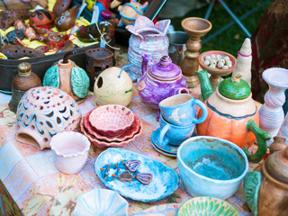 Traditional ceramic products, handmade souvenirs on the fair
