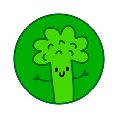 Green smiling broccoli hand drawn logotype in cartoon style for food stores diet programmes and vegans