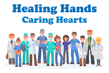 Team of doctors and other hospital workers banner vector illustration. Medicine professionals and medical staff people in uniform doctor, nurse. Healing hands caring hearts.