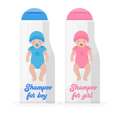 Bottles with baby shampoo banner vector illustration. Boy and girl in blue and pink clothing and hat. Children hygiene. Accessories for taking bath. Plastic bottlesnon white background.