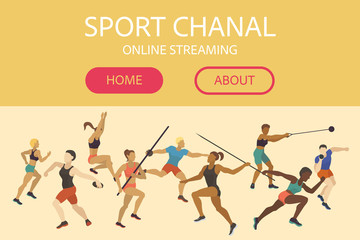 Athlete man and woman banner web design vector illustration. Exercising male in different poses. Human figures are training in sport club. Running and jumping. Athletics competition.