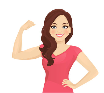 Portrait of smiling beatiful woman with curly hairstyle showing bicep on her arm isolated vector illustration