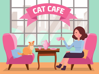 Interior of cat cafe with large window, woman and Kitty in comfortable arnchairs, coffee on table. Girl and cat Tea party. Spending time with pet. Flat cartoon illustration in mint pink colors