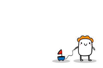 Small cartoon kid and toy boat on a rope. Hand drawn illustration minimalism style