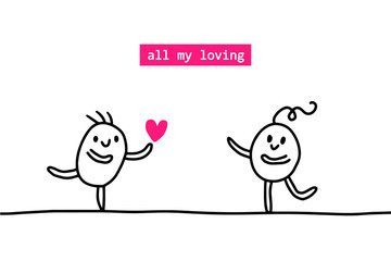 All my loving two cartoon people meeting. Vector hand drawn illustration with heart symbol.