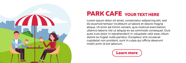 Obraz premium Horizontal brochure design for park cafe. couple is relaxing in an outdoor cafe in city park on a grassy lawn under a striped parasol. People drink coffee and cakes. Flat cartoon illustration