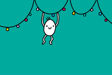 Happy cartoon man hanging on new year garland. Vector hand drawn illustration. Christmas card