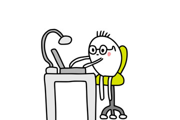 Cute freelancer cartoon man sitting home or in office with notebook. Hipster in glasses. Nerd hand drawn illustration.