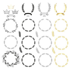 Set of wreaths, branches with leaves, ribbons and crowns. Black and gold icons isolated on white background. Vector illustration.