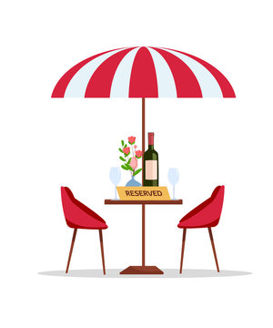 Reserved table in park cafe under parasol. Flat cartoon illustration on white fond. Round table with flowers in vase, wineglasses, wine bottle, reservation tabletop sign on it and two chairs.