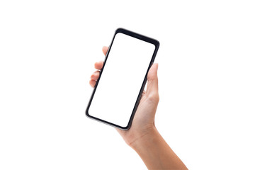 Woman hand holding the black smartphone with blank screen isolated on white background with clipping path.