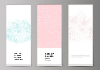 The vector illustration of the editable layout of roll up banner stands, vertical flyers, flags design business templates. Topographic contour map, abstract monochrome background.